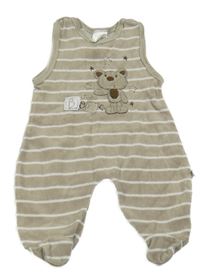 Béžové pruhované sametové dupačky s medvědem 