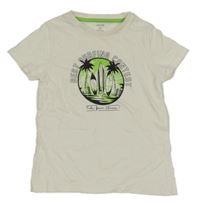 Bílé tričko s palmami a nápisem kiabi