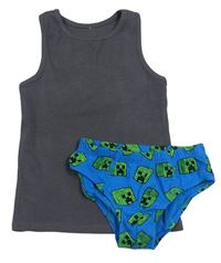 2set - Šedý žebrovaný nátělník + modré slipy - Minecraft 