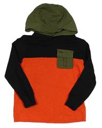 Khaki-černo-oranžové triko s kapucí Next