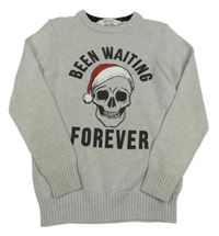 Šedý svetr s lebkou a nápisy H&M