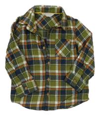 Khaki-tmavomodro-bílo-oranžová kostkovaná flanelová košile Primark