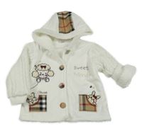 Bílý sametovo/pletený propínací zateplený svetr s výšivkami a kapucí