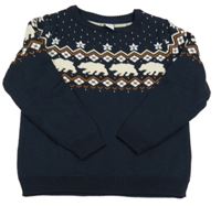 Tmavomodro-smetanovo-okrový svetr s medvídky Dopodopo