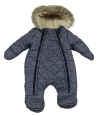 Tmavomodrá šusťáková prošívaná zimní kombinéza s kapucí s kožešinou Primark