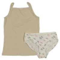 2set - Béžová žebrovaná košilka + bílé kalhoty s jednorožci H&M