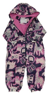 Fialovo-růžová šusťáková jarní kombinéza se zvířátky a kapucí Nutmeg