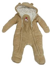 Béžová sametová zateplená kombinéza s pejskem a kapucí 