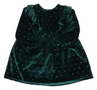 Tmavozelené puntíkaté sametové šaty s volánky Primark