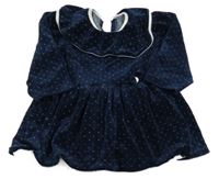 Tmavomodrá sametová puntíkatá šatová tunika s volánkem 