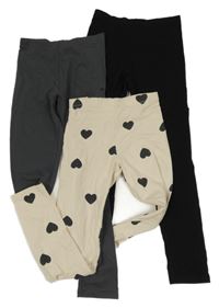 Nové - 3x legíny - černé + šedé + béžové se srdíčky H&M