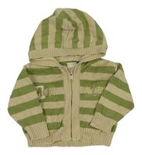 Béžovo-zelený pruhovaný propínací svetr s nápisem a kapucí Tiny Ted