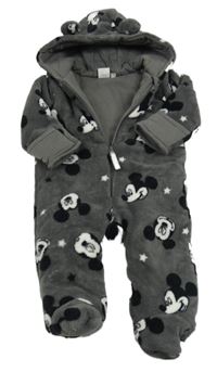 Tmavošedá chlupatá zateplená kombinéza s Mickeym a kapucí zn. Disney