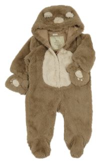 Hnědo-smetanová kožešinová podšitá kombinéza s kapucí - medvěd Next