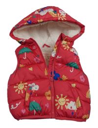 Tmavorůžová šusťáková zateplená vesta se sluníčky a kapucí 