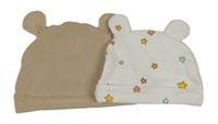 2x - Bílá s hvězdičkami + béžová čepice s medvídkem 