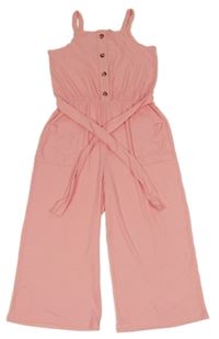 Světlerůžový žebrovaný culottes overal s páskem Matalan
