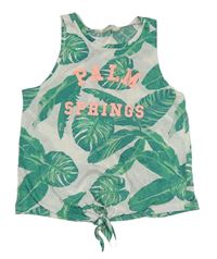 Bílý crop top s nápisy a listy a uzlem H&M