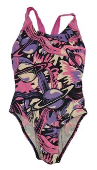 Růžovo-fialovo-černo-smetanové vzorované jednodílné plavky s planetami Speedo