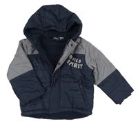 Tmavomodro-šedá prošívaná šusťáková zimní bunda s nápisy a kapucí lupilu