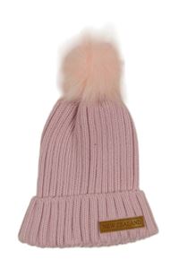 Světlerůžová žebrovaná pletená čepice s nášivkou a bambulí PROKIWI