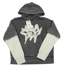 Nové - tmavošedo-smetanová oversize mikina s nápisy a kapucí ZARA