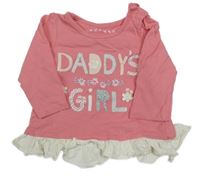 Růžové triko s nápisy a květy a bílým volánkem NUTMEG