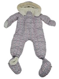 Bílá prošívaná šusťáková zimní kombinéza s kytičkami a kapucí s kožešinou + capáčky TAPE 'A L'OEIL 