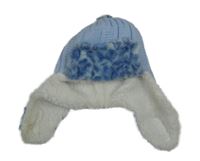 Světlemodrá žebrovaná vlněná zateplená beranice s kožešinou a bambulkou