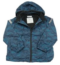 Tmavomodrošedá šusťáková jarní bunda s dinosaury a odepínací kapucí H&M