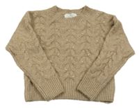 Světlehnědý melírovaný vzorovaný vlněný oversize svetr s perlami H&M