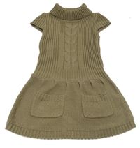 Hnědošedé žebrované pletené šaty se vzorem a rolákem 