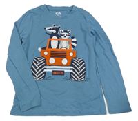 Modré triko s monster truckem a mývalem a jezevcem C&A