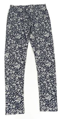 Tmavomodro-bílé legíny s kytičkami a motýlky Kids