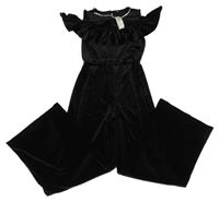 Nové - černý sametový kalhotový overal s řetízkem s kamínky a volánkem RIVER ISLAND