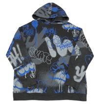 Černo-šedá mikina s graffiti nápisy a kapsou a kapucí H&M