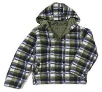 Khaki-tmavomodro-bílá kostkovaná huňatá podšitá bunda s kapucí V BY VERY