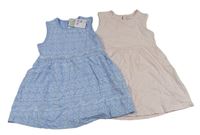 2x bavlněné šaty - světlemodré s mušlemi a hvězdicemi + světlerůžové Primark