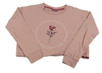 Starorůžová crop mikina s květinou a nápisem