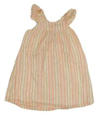 Bílo-růžovo-zlaté pruhované lehké šaty s volánky Primark