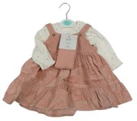 Nové - 3set - Starorůžové manšestrové laclové šaty + bílé žebrované body se srdíčky + starorůžové žebrované punčocháče George