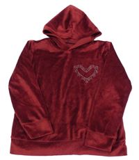 Vínová plyšová mikina se srdcem z kamínků a kapucí