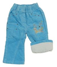 Modré manšestrové podšité kalhoty s výšivkou a kamínky