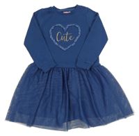 Tmavomodré teplákovo/tylové šaty se srdcem s nápisem Cool Club