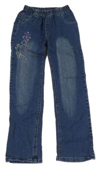 Modré elastické rifle s výšivkami