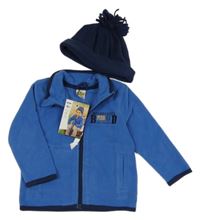 Nové - 2set - Modrá fleecová propínací mikina s nápisem + tmavomodrá fleecová čepice s třásněmi Papagino