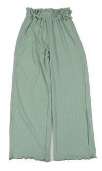 Světlezelené žebrované lehké kalhoty s mašlemi Shein