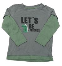 Šedo-khaki triko s nápisem a dinosaurem Pocopiano