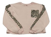 Světlerůžová crop mikina s leopardím pruhem a kapsou Lipsy London