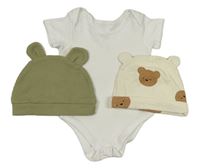3 set - bílé body + khaki žebrovaná čepice + smetanová čepice s medvědy 